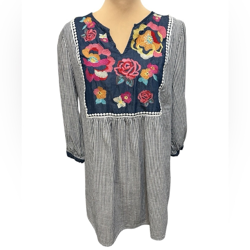 Angel Heart Vibrant Floral Embroidered Striped Lined Tunic or Dress Medium Boho. - Picture 2 of 15